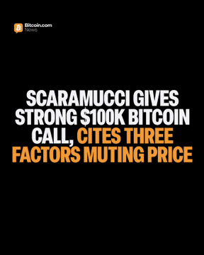 A Bitcoin.com News graphic with text reading 'SCARAMUCCI GIVES STRONG $100K BITCOIN CALL, CITES THREE FACTORS MUTING PRICE' on a black background.