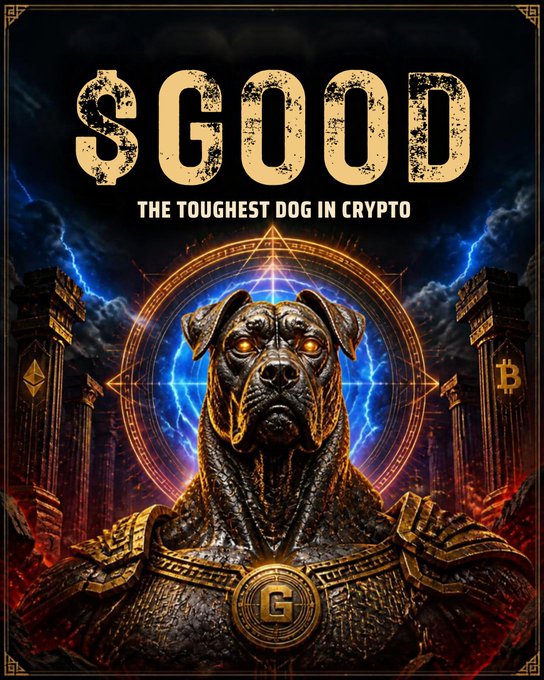 A promotional poster reading '$GOOD: THE TOUGHEST DOG IN CRYPTO' featuring a fierce Rottweiler in ornate armor with a 'G' medallion, set against a dramatic backdrop with lightning and cryptocurrency symbols.