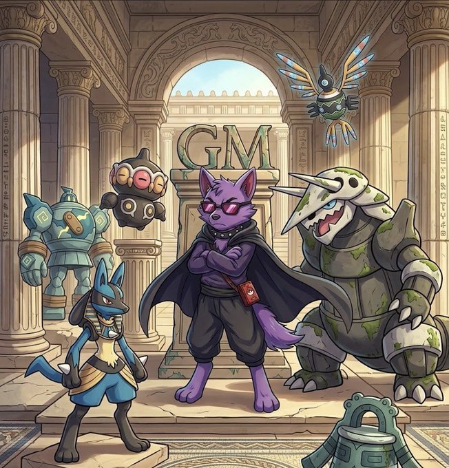 An illustrated group of fantasy creatures including a purple cat in sunglasses, an Anubis-like jackal, a stone golem, and others stand in a grand temple hall beneath a "GM" sign.
