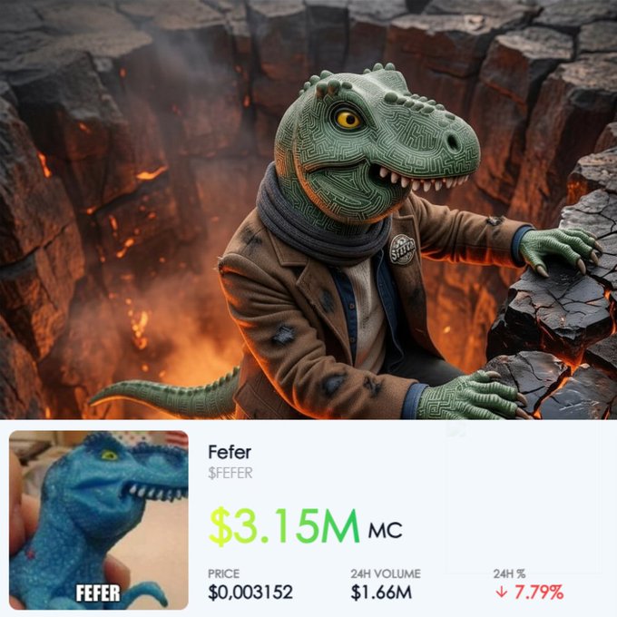 An AI-generated image shows a green dinosaur with circuit-like patterns wearing a tattered suit, emerging from a fiery pit while wearing a "FEER" pin, alongside a screenshot of the $FEFER meme coin showing a $3.15M market cap and $0.003152 price. The image humorously illustrates the post's theme of $FEFER "escaping the fire pit" to recover above a $3M market cap, though it's actually down 7.79% over 24 hours.