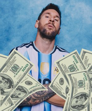 The image shows a man standing next to an array of money, with a mix of dollar bills and coins in front of him. The man appears to be dressed casually for the scene, wearing a blue shirt underneath his team's jersey. He has a beard and is posing against a backdrop that resembles a soccer field or a football pitch. Above them, there are several banknotes scattered around, likely representing different amounts of money. Some of these notes also appear to carry labels with their corresponding values, such as $100, $500, and $1,000 bills. The man's position in the image gives an impression that he might be involved in a business related to sports trading or financial transactions involving athletes, as suggested by the post displayed above him.