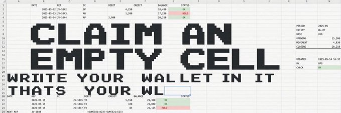 A pixelated text overlay reading "CLAIM AN EMPTY CELL WRITE YOUR WALLET IN IT THAT'S YOUR WL" appears over a spreadsheet showing transaction data including dates, credits, balances, and USD values.