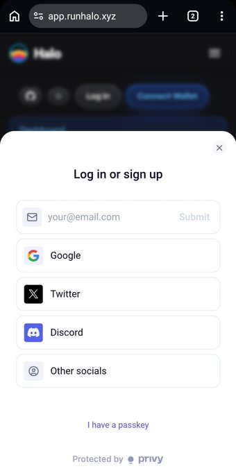 A mobile browser screenshot of app.runhalo.xyz showing a 'Log in or sign up' popup with sign-in options including email, Google, Twitter, Discord, and Other socials, protected by Privy.