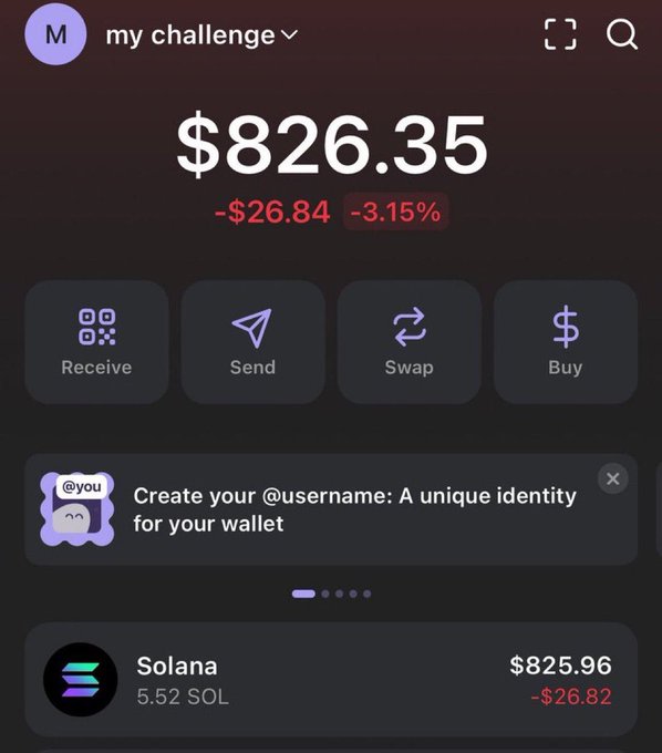 The image shows a crypto wallet dashboard labeled "my challenge" displaying a portfolio value of $826.35, down $26.84 (-3.15%), with a primary holding of 5.52 SOL (Solana) valued at $825.96, down $26.82. This visually represents the starting point of the user's "5 SOL to 1000 SOL" challenge, showing the initial investment fund they will use to trade and grow into their target goal.