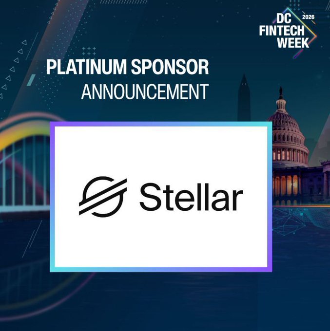 A graphic announcement declaring 'Stellar' as a Platinum Sponsor of 'DC FINTECH WEEK 2026', set against a dark background featuring the U.S. Capitol dome.