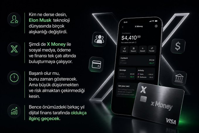 A sleek promotional graphic for X Money by Elon Musk features a smartphone displaying a financial dashboard with a $4,410.00 balance and a black X Money Visa card, highlighting his latest venture to merge social media, payments, and finance into one platform. The image visually reinforces the post's message about Musk's ambitious push into digital finance under the X ecosystem.