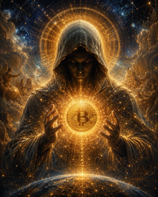 A mystical digital artwork of a hooded figure holding a glowing golden Bitcoin coin against a cosmic background with radiant light and celestial imagery.
