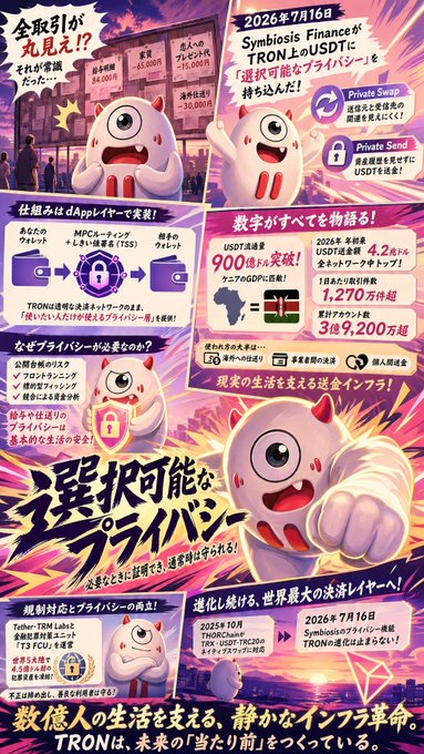 Japanese promotional poster for TRON (TRX/USDT) cryptocurrency featuring a pink ghost mascot, highlighting partnerships with Symbiosis Finance, Tether-TRM Labs, and McDonald's (mentioned as a future partner), with statistics including 900 trillion USDT transaction volume, 4.2 million USDT network users, and dates of July 16, 2026.