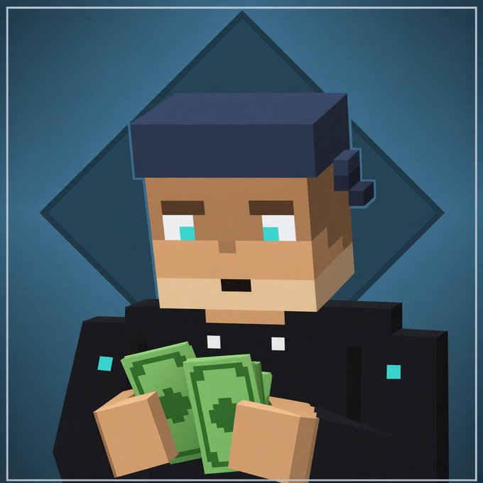 A Minecraft-style character with a blue bandana holding stacks of money, set against a teal diamond background.