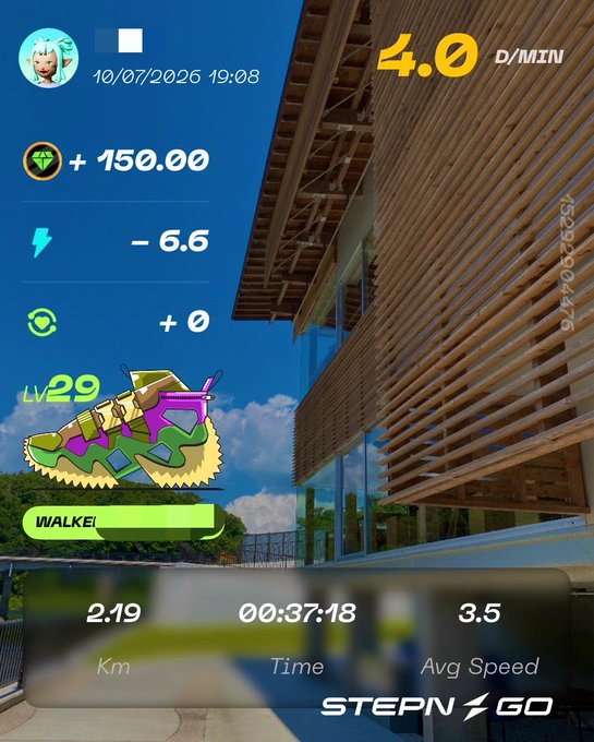 A STEPN Go app screenshot displaying walking stats with a cartoon sneaker, showing 2.19 km distance, 00:37:18 time, 3.5 avg speed, Lv 29, and a 4.0 D/MIN earnings rate.