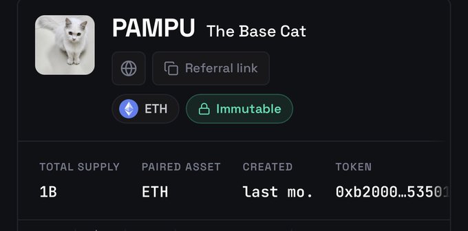 Token information panel for 'PAMPU - The Base Cat' showing 1B total supply, ETH paired asset, Immutable network tag, and token address 0xb2000...5350.