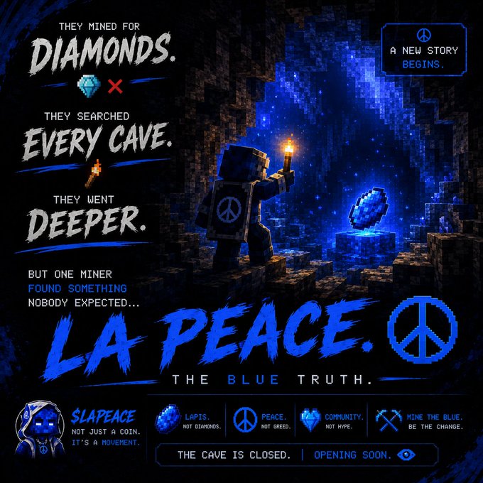 A promotional poster for 'LA-PEACE: THE BLUE TRUTH' featuring a Minecraft-style miner holding a torch in a dark cave, with text promoting lapis lazuli over diamonds and the tagline 'NOT JUST A COIN. IT'S A MOVEMENT.'