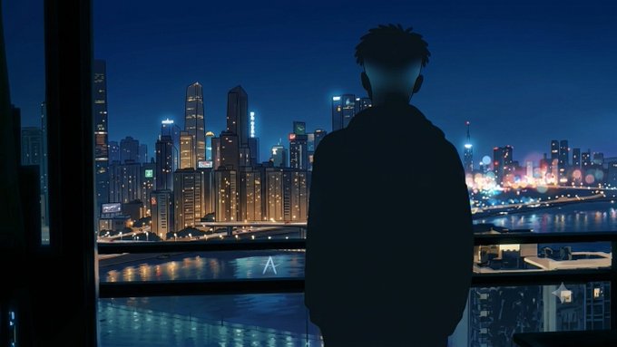 An anime-style illustration depicts a silhouetted character viewed from behind, looking out over a brightly lit nighttime city skyline and waterfront.