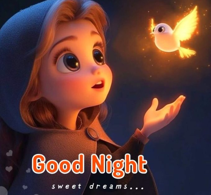 A 3D rendered illustration of a young girl with large eyes and a blue hood looking in wonder at a glowing white bird, with the text 'Good Night sweet dreams...' in orange at the bottom.