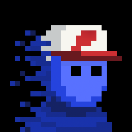 A pixel art rendering of a blue character wearing a white and red baseball cap, with a fragmented, glitch-like blue trail emanating from its body against a black background.