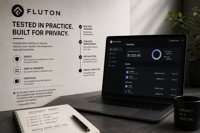A promotional image for "FLUTON" cryptocurrency featuring the tagline "TESTED IN PRACTICE. BUILT FOR PRIVACY." displayed alongside a laptop showing a portfolio dashboard with $1,320.45 and a mug reading "PRIVACY IS A FEATURE."