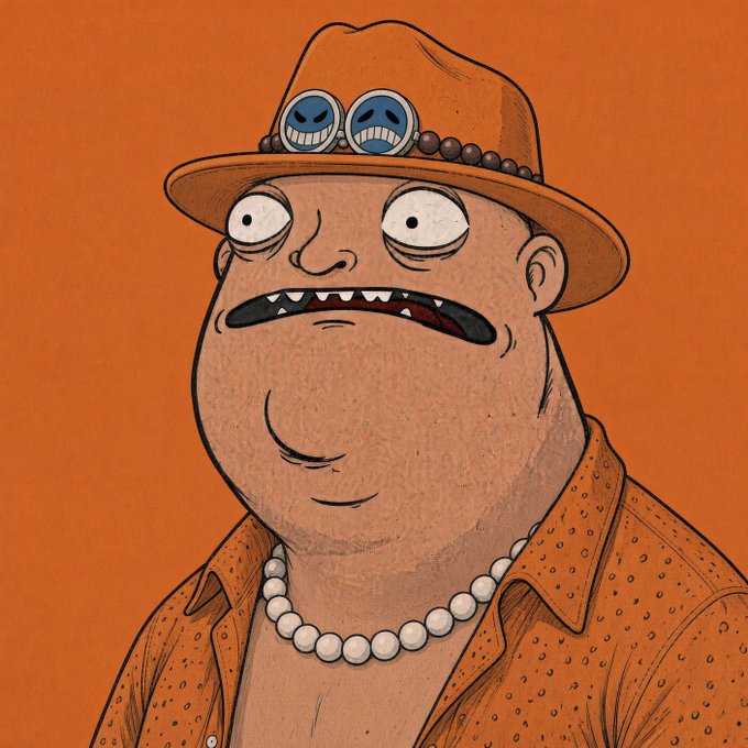 A cartoon illustration of a chubby, wide-eyed character with a crooked smile wearing an orange hat with pins, a pearl necklace, and an orange polka-dot shirt against a matching orange background.