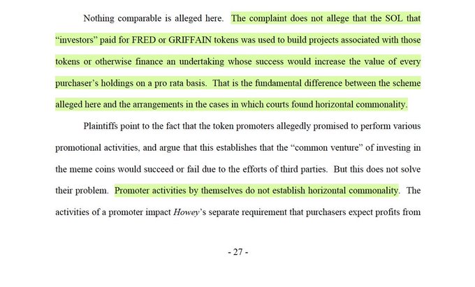 A legal document page (page 27) discussing cryptocurrency tokens including FRED and GRIFFAIN, arguing that the SOL investors' payments were not used to build projects, with highlighted text about horizontal commonality requirements under Howey.