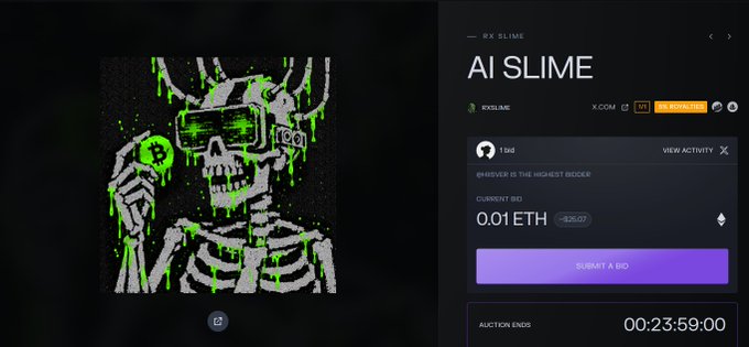 A digital NFT auction interface displaying a glitchy, neon green and black skeleton artwork titled 'AI SLIME' by @XXSLIME, with a current bid of 0.01 ETH and an auction countdown timer at 00:23:59:00.