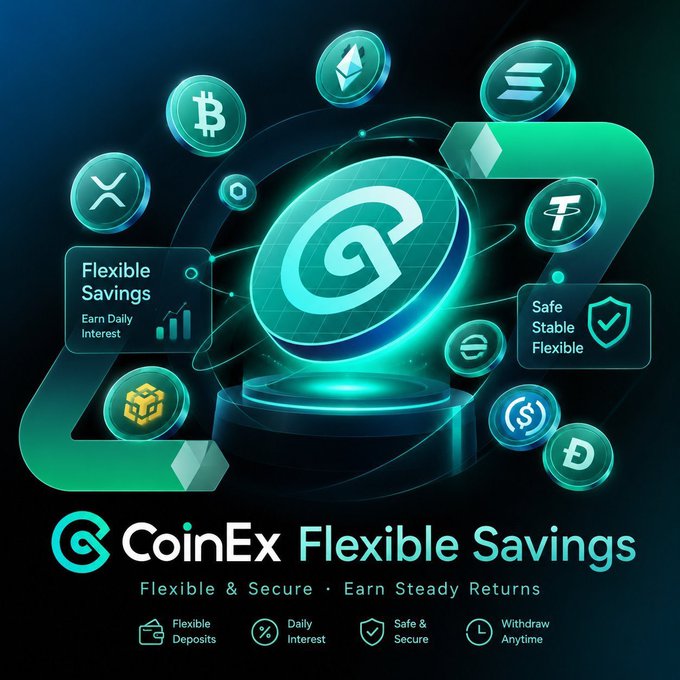 This CoinEx Flexible Savings graphic showcases various cryptocurrencies and highlights features like "Flexible & Secure" and "Earn Steady Returns". It visually represents the diverse crypto assets available on the platform, aligning with the post's emphasis on accessibility and smooth trading for different assets.