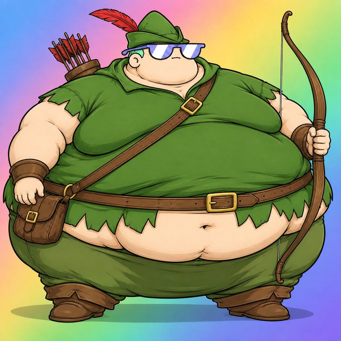 A cartoon illustration of a large, rotund Robin Hood character wearing a green tunic, sunglasses, and a feathered hat, holding a bow and a quiver of arrows against a rainbow background.