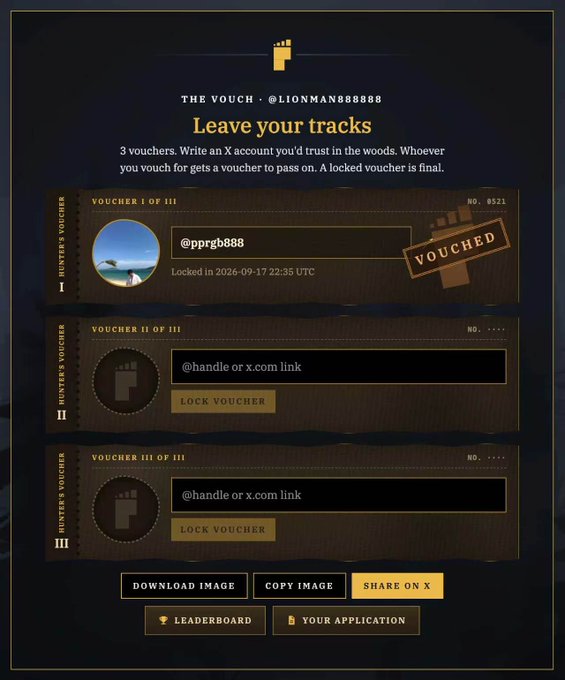 A dark-themed interface titled 'THE VOUCH • @LIONMAN888888 - Leave your tracks' displaying three voucher slots, with the first one marked 'VOUCHED' for @pprgb888.