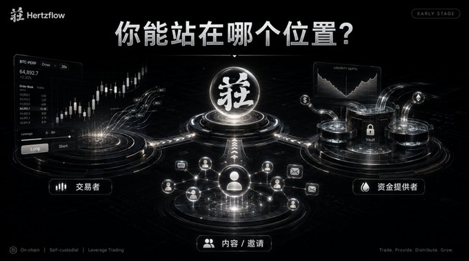 A dark-themed promotional graphic for 'Hertzflow' featuring Chinese text '你能站在哪个位置?' (Where can you stand?), depicting a choice between three roles: '交易者' (Trader), '内容/邀请' (Content/Invite), and '资金提供者' (Fund Provider), alongside trading charts and vault imagery.