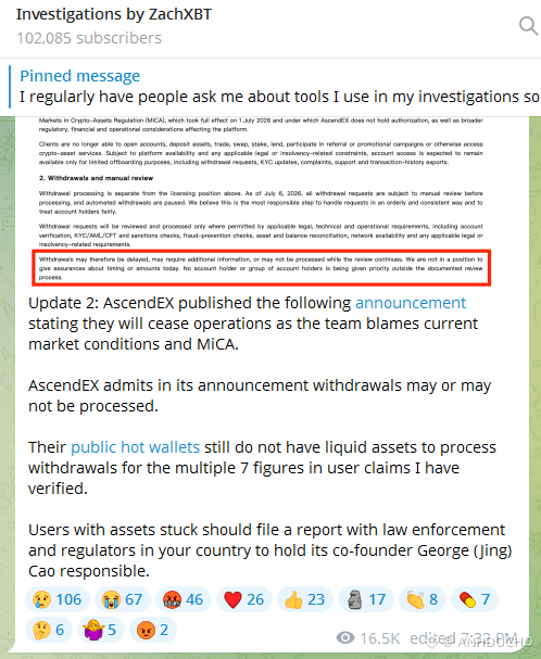 A pinned message from ZachXBT's Investigations channel highlights AscendEX's terms of service regarding withdrawal policies, paired with an update noting the exchange's announced suspension of operations and unprocessed user withdrawals.