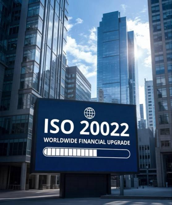 A loading progress bar displayed on a digital billboard against a backdrop of towering skyscrapers reads "ISO 20022 - WORLDWIDE FINANCIAL UPGRADE," symbolizing the ongoing global banking migration to the new messaging standard. The image visually represents the countdown to the August 24, 2026 deadline mentioned in the forwarded post, when the ISO 20022 transition reaches completion across major financial networks.