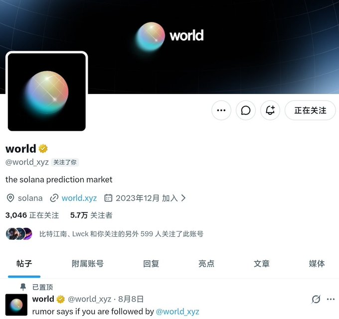 A Twitter/X profile page for "world" (@world_xyz), described as "the solana prediction market," showing a verification checkmark, 5.7万 followers, and a pinned post saying "rumor says if you are followed by @world_xyz".