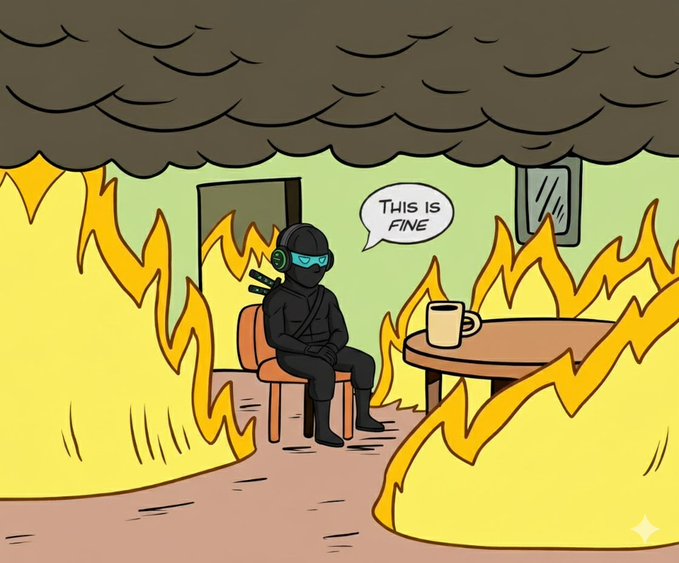 A cartoon ninja wearing a balaclava and sunglasses sits calmly in a burning room saying 'THIS IS FINE'.