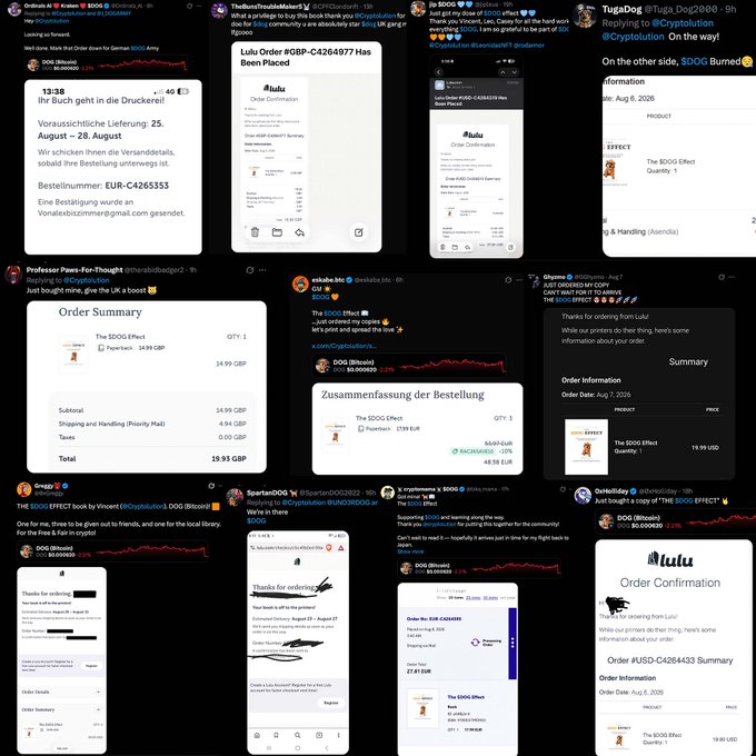 A grid of Twitter/X screenshots shows multiple users posting order confirmations and thanking someone for purchasing 'THE $DOG EFFECT' book, with order totals in various currencies.