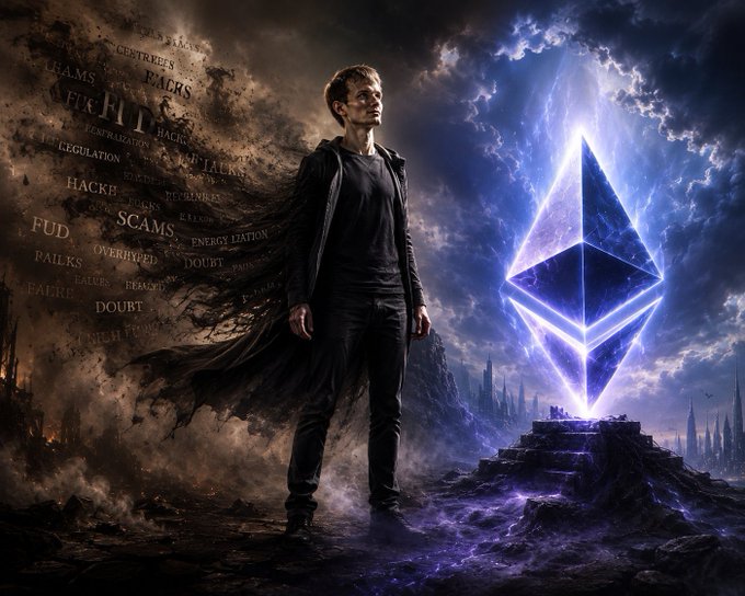 The image features a man standing in front of a large blue crystal structure that resembles an ether block. The man appears to be dressed in black clothing and has his arms crossed over his chest. The backdrop includes a dark sky filled with clouds, which adds to the overall atmosphere of mystery and intrigue surrounding the crystal structure.