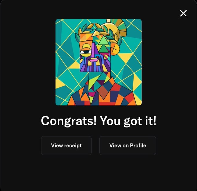A 'Congrats! You got it!' notification screen displaying a colorful, abstract cubist-style portrait artwork with 'View receipt' and 'View on Profile' buttons.