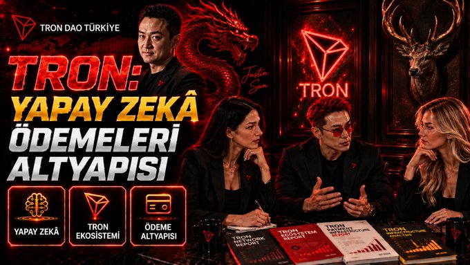 The image is a promotional graphic for "TRON DAO TÜRKİYE" featuring Justin Sun in the upper left, alongside four other individuals seated at a table with TRON-themed books titled "TRON PAYMENT NETWORK," "TRON AI ECOSYSTEM REPORT," and "TRON NETWORK INFRASTRUCTURE." The bold Turkish text reads "TRON: YAPAY ZEKA ÖDEMELERİ ALTYAPISI" (TRON: AI Payment Infrastructure), accompanied by icons labeled "YAPAY ZEKA" (AI), "TRON EKOSİSTEMİ" (TRON Ecosystem), and "ÖDEME ALTYAPISI" (Payment Infrastructure), with a red dragon and neon TRON logo decorating the dark backdrop, visually reinforcing the post's claim about TRON's emerging role as a payment backbone for the AI economy.