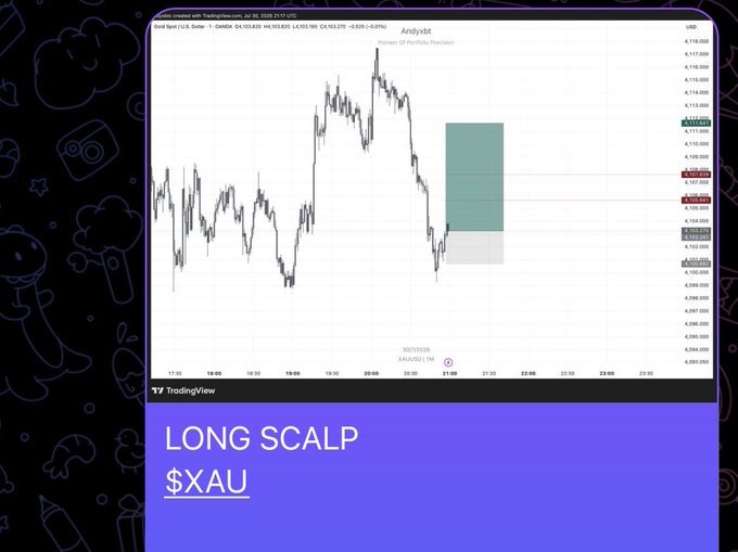 TradingView chart of Gold Spot U.S. Dollar (XAU/USD) showing a 'LONG SCALP' setup with a green highlighted entry zone and a 'Pioneer Q1 Pyramid Protection' indicator, set against a dark illustrated background with 'LONG SCALP $XAU' text below.