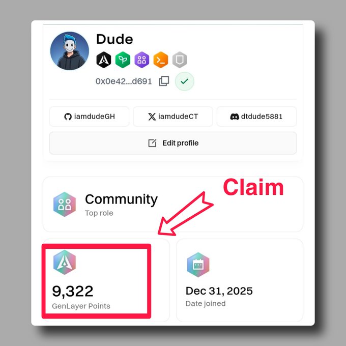 A profile card for 'Dude' (username 'iamdudeGH' with wallet address 0x0e42...d691) showing a 'Community' top role and 9,322 GenLayer Points highlighted with a red 'Claim' arrow.