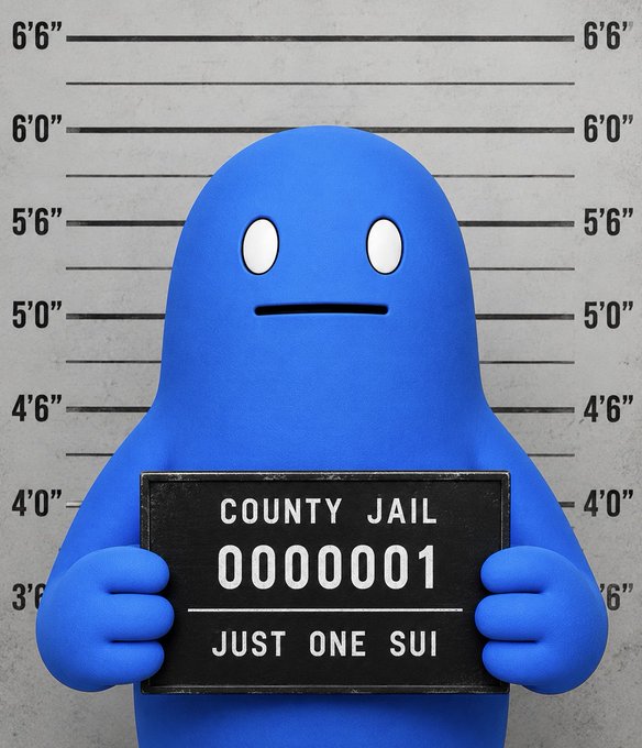 A blue cartoon character stands in a mugshot lineup holding a placard that reads 'COUNTY JAIL 0000001 JUST ONE SUI'.