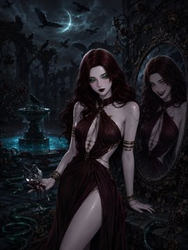 A dark, gothic fantasy illustration of a pale woman in a red dress holding a mirror that reflects her smiling face, set in a shadowy graveyard with a crescent moon in the sky.