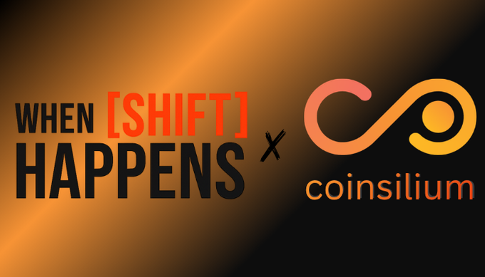 A promotional graphic for the "Predict Alpha Report" collaboration, featuring the "When [Shift] Happens" logo alongside the Coinsilium infinity-symbol logo in orange, announcing their bi-monthly partnership tracking prediction markets and AI agents.