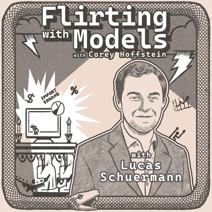 A stylized illustration for the "Flirting with Models" podcast, hosted by Corey Hoffstein, features a portrait of guest Lucas Scheurmann alongside whimsical doodles of candlesticks, charts, and a "Import Pandas" computer reference, visually tying into the episode's topic of bringing OTC derivatives on-chain through Variational.