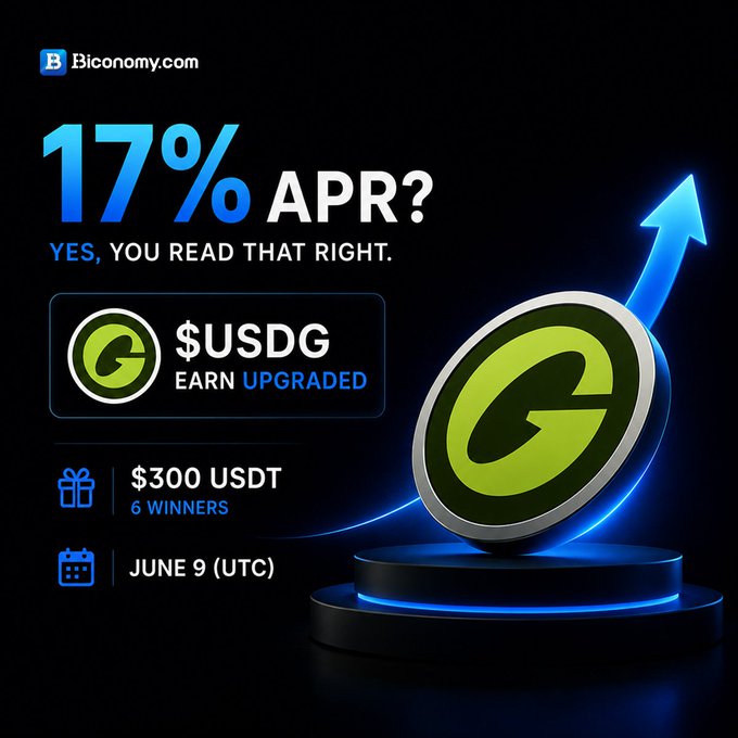 The image shows a coin with a green label, which has text that reads "17% APR? Yes, you read that right. $USDG Earn just got a major upgrade - and we're giving away USDG to celebrate 6 Winners share". The coin is on display at the bottom of an advertisement for a cryptocurrency exchange. In the background, there is a blue arrow pointing upwards.