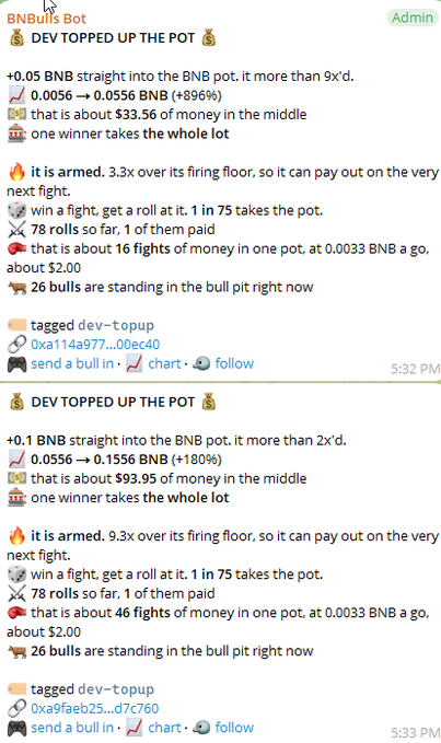 Two Telegram bot messages from 'BNB Bulls Bot' showing DEV topped up the BNB pot by +0.05 BNB and +0.1 BNB, increasing the pot to about $33.56 and $93.95 respectively, armed for the next flight with 26 bulls standing in the bull pit.