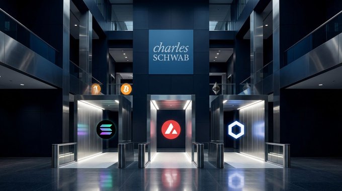 An AI-generated image depicts a sleek, modern interior with a 'charles SCHWAB' sign above three elevators displaying cryptocurrency logos (Solana, Avalanche, and another) instead of floor numbers.