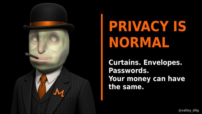Promotional graphic with a 3D cartoon figure wearing a bowler hat and suit featuring the Monero 'M' logo, with text 'PRIVACY IS NORMAL: Curtains. Envelopes. Passwords. Your money can have the same.' signed '@valley_d0g'.