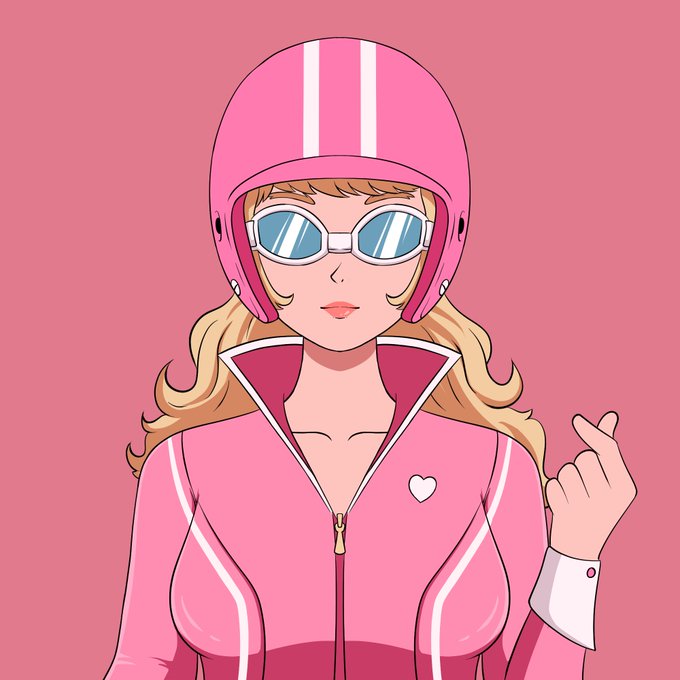 An anime-style illustration of a blonde woman wearing a pink helmet with white stripes, sunglasses, and a matching pink tracksuit with a heart logo.