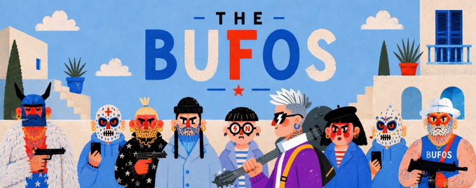The image showcases the header artwork for "THE BUFOS," a hand-illustrated NFT collection featuring a lineup of quirky, elaborately designed characters—including bearded figures, a woman with glasses, and individuals in patterned clothing and masks—standing before a Mediterranean-style village backdrop, directly illustrating the whimsical and distinctive art style mentioned in the post.