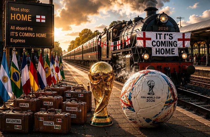 The image features a train with a "It's Coming Home" sign, surrounded by various suitcases and a football trophy. The suitcases are of different sizes and colors, while the football trophy has a gold base and a white top. The scene is set against a backdrop of a sunset or sunrise, creating a warm and inviting atmosphere.