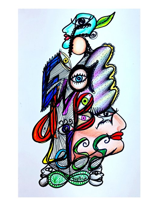 A colorful abstract mixed-media illustration featuring stylized faces, large eyes, and flowing lines in vibrant blues, reds, purples, and greens.