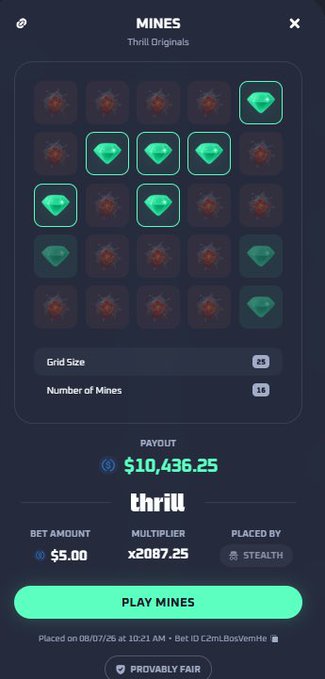 A screenshot shows the 'MINES' gambling game by Thrill Originals with a 5x5 grid containing 16 mines, showing a payout of $10,436.25 with a bet amount of $5.00.